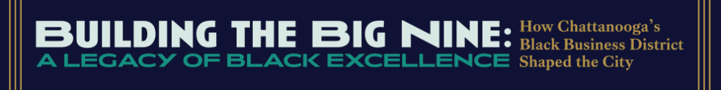 Banner with dark blue background and gold lines on the outer edges reads Building the Big Nine: A Legacy of Black Excellence